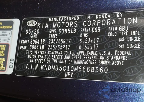 2021 Kia Sedona Lx из США, поврежденный, VIN KNDMB5C10M6668560